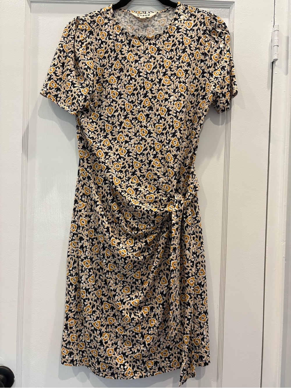 Boden Floral Side Tie Dress Ruched Black Mustard Size 6 Cotton Tencel